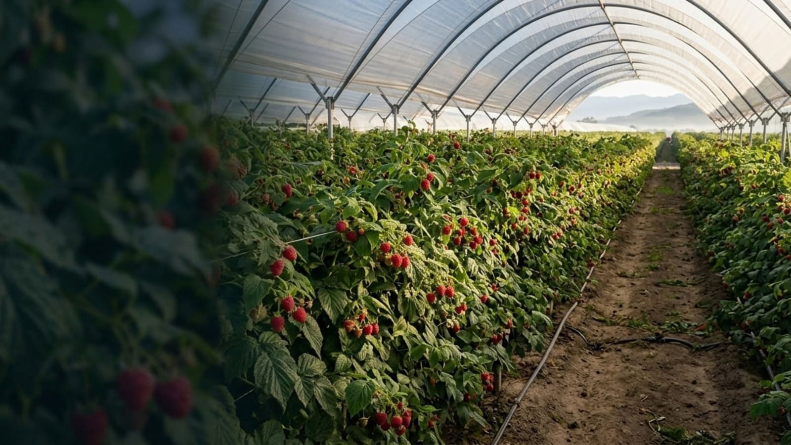 Hileras de frambuesa con fruto maduro bajo un macrotúnel, con cerros al fondo